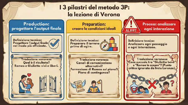 I tre pilastri del metodo 3P (Production, Preparation, Process) con la loro traduzione applicata al caso di Romeo e Giulietta: la colonna Process evidenziata in rosso rappresenta l'area di interazione tra processi che frate Lorenzo ha trascurato nella progettazione del suo piano