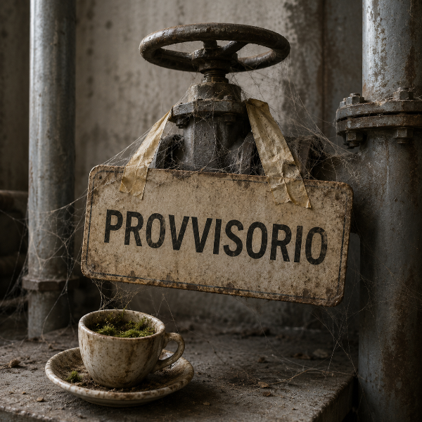 Un cartello provvisorio attaccato con nastro adesivo a una valvola industriale, ormai coperto di ragnatele - non c'&egrave; niente di pi&ugrave; definitivo del provvisorio