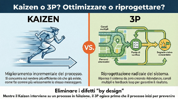 Differenza tra kaizen e metodo 3P illustrata attraverso Romeo e Giulietta: il kaizen migliora la velocità del messaggero esistente, il 3P riprogetta l'intero sistema informativo con canali multipli, ridondanze e verifiche intermedie