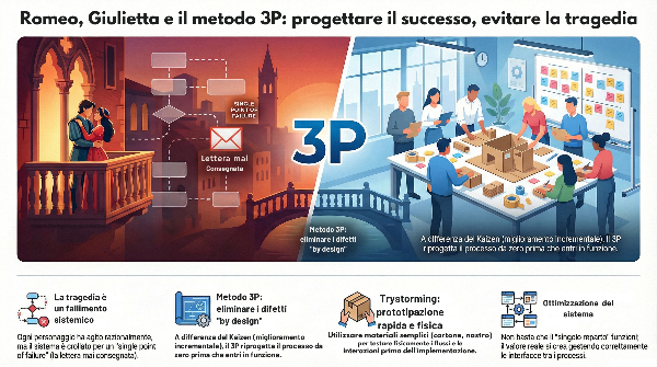 Il metodo 3P (Production Preparation Process) spiegato attraverso Romeo e Giulietta: a sinistra la tragedia di Shakespeare come caso studio di fallimento sistemico con diagramma di flusso interrotto, a destra un team cross-funzionale durante un evento 3P con prototipi e mappatura dei processi