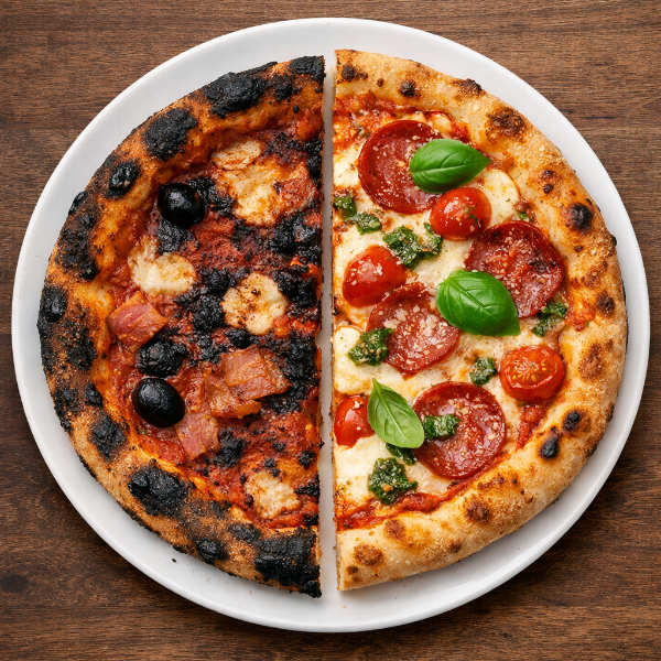 Una pizza divisa in due: prima e dopo il feedback del cliente