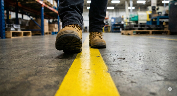 Due piedi che camminano in un reparto produttivo, ad indicare il gemba
