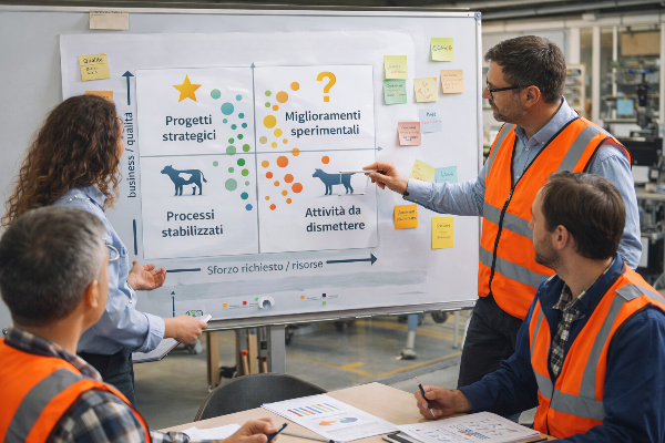 Team di una PMI manifatturiera discute la matrice BCG applicata ai processi e ai prodotti su una lavagna in un'officina, con post-it colorati per ogni quadrante
