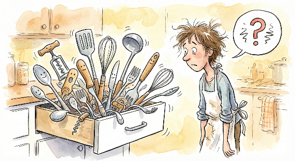 Illustrazione umoristica di un cassetto della cucina stracolmo che si incastra