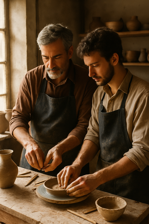 Maestro ceramista e apprendista lavorano insieme l'argilla
