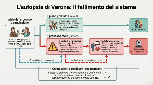 Diagramma di flusso del piano di frate Lorenzo in Romeo e Giulietta analizzato come processo: il percorso previsto in verde mostra il flusso corretto dell'informazione, il percorso reale in rosso mostra il punto di failure nel messaggero bloccato e l'assenza di feedback loop e piani di contingenza
