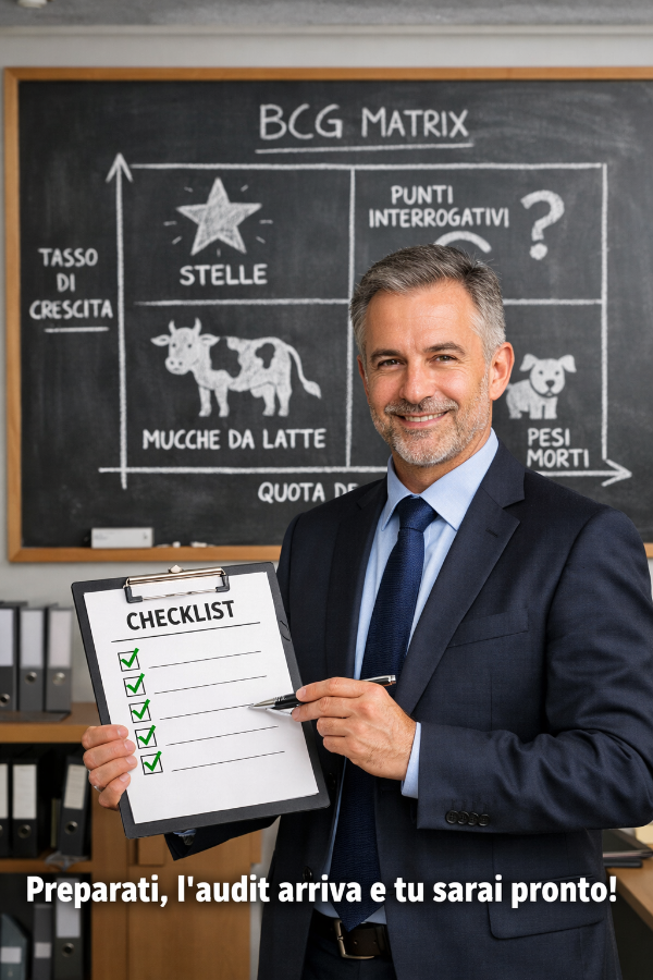 Infografica sugli errori comuni, le evidenze da preparare per gli auditor e la checklist operativa per applicare correttamente la matrice BCG nel sistema qualità ISO 9001