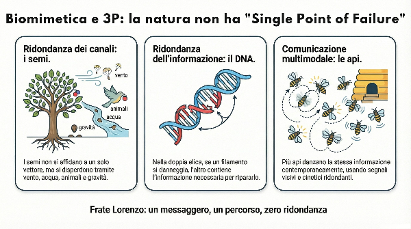 Tre esempi di come la natura risolve il problema della trasmissione affidabile delle informazioni — semi dispersi su canali multipli, DNA a doppio filamento, danza delle api — contrapposti al single point of failure del messaggero di frate Lorenzo in Romeo e Giulietta, secondo il principio della biomimetica applicato nel metodo 3P