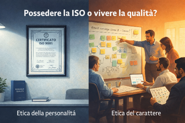 Etica del carattere vs. etica della personalità applicata ai sistemi di gestione ISO: a sinistra un certificato ISO 9001 appeso al muro che rappresenta la conformità apparente, a destra un team al lavoro sui processi che rappresenta la qualità reale