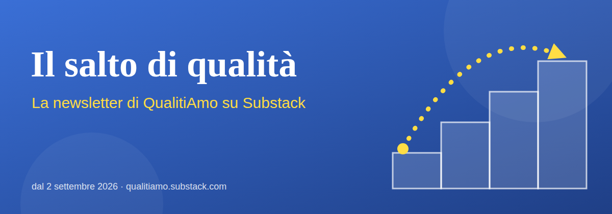 Il salto di qualità, la newsletter di QualitiAmo su Substack: una scala che sale e una freccia gialla che la scavalca con un salto