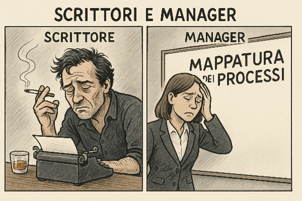 Illustrazione che confronta scrittore e manager: entrambi affrontano la sfida della pagina bianca e della mappatura dei processi