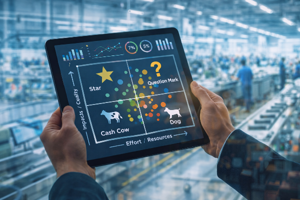 Manager in una fabbrica analizza la matrice BCG su un tablet con i quattro quadranti star, cash cow, question mark e dog e grafici di performance