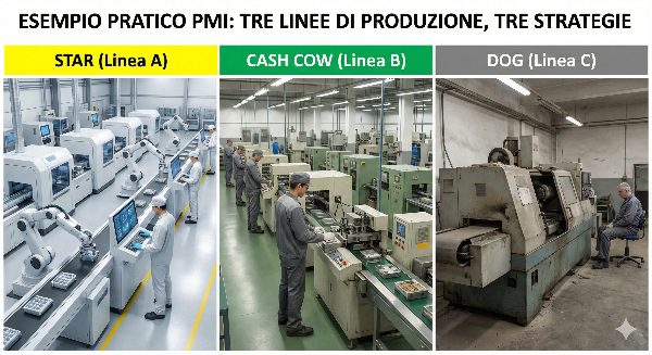 Esempio pratico di PMI con tre linee di produzione classificate secondo la matrice BCG: star, cash cow e dog con strategie qualità differenziate