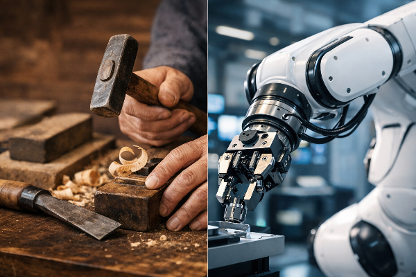 Uno strumento di lavoro artigianale e un moderno braccio robotico a simboleggiare l'integrazione tra tradizione e tecnologia