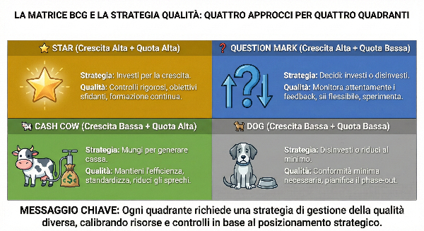 I quattro quadranti della matrice BCG con le strategie qualità associate: star con controlli rigorosi, cash cow con efficienza, question mark con sperimentazione e dog con conformità minima