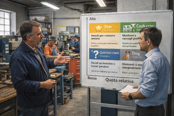 Quality manager presenta la matrice BCG su una lavagna in un'officina meccanica di una PMI italiana, mentre un collega ascolta