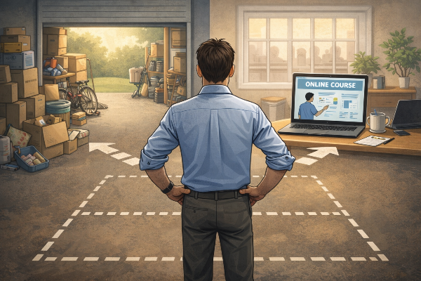 Un uomo davanti a un bivio: da un lato un garage disordinato, dall'altro un corso di formazione online. La metafora della scelta strategica quotidiana