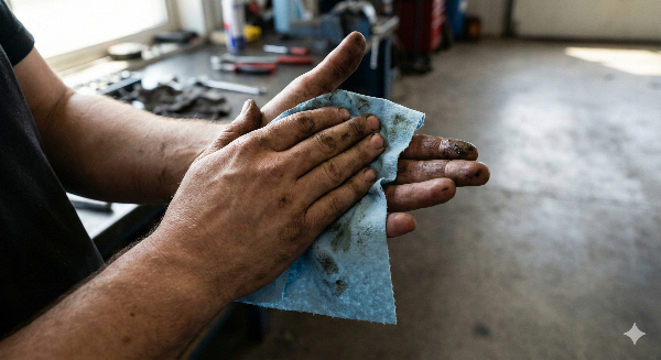 Due mani che si puliscono in uno straccio