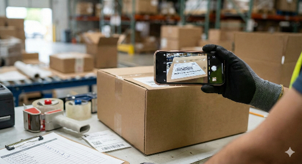 Una persona usa lo smartphone per fotografare un pacco e tenerne traccia